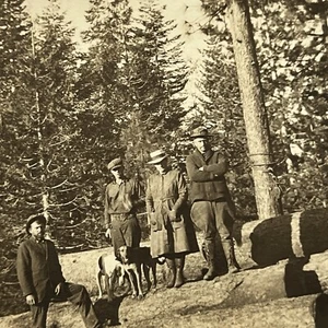 Antique Snapshot Photograph Men With Dogs Trees Lumber Occupational Working - Picture 1 of 9