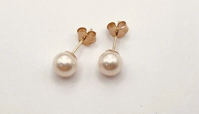 9ct Yellow Gold Pair 6mm Round Simulated Pearl Stud Earrings & Scroll Backs New - Image 1 of 4