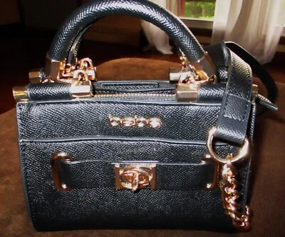 BEBE SMALL BLACK SATCHEL HAND BAG WITH DETACHABLE CHAIN ACCENT CROSSBODY STRAP - Image 1 of 4