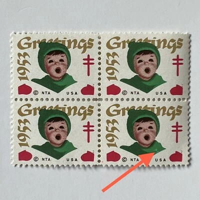 ERROR 1953 CHRISTMAS SEAL BLOCK WITH WHITE DOT ON SCARF MNH - Image 1 of 4