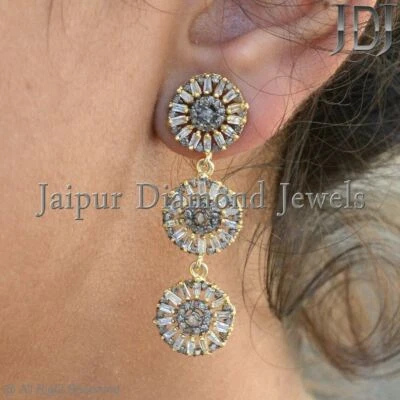 3.35 Cts Baguette Diamond Dangle Earrings 925 Silver Handmade 14 K Gold Jewelry - Image 1 of 4