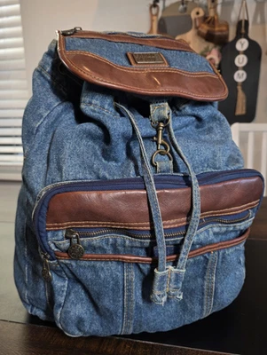 Vintage Denim Backpack Faded Glory Drawstring Blue Jean Faux Leather Brown Bag - Image 1 of 4