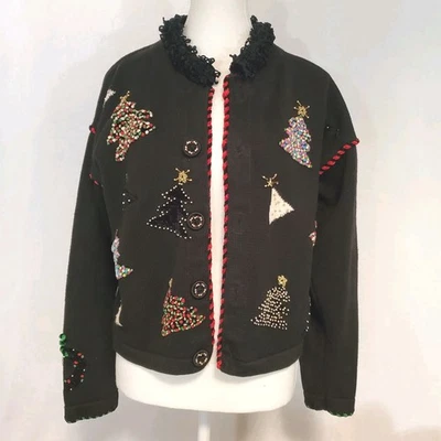 Cárdigan de Navidad Berek para mujer de colección L árboles con cuentas feo negro Foto 1 de 4