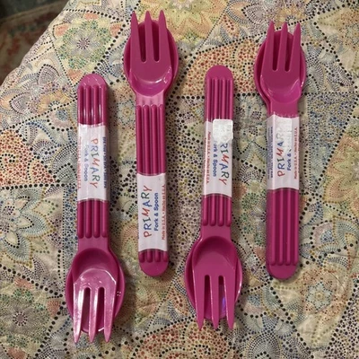 Juego de tenedores y cucharas primarias rosa lote de 4 aptos para lavavajillas sin BPA hecho en EE. UU. Foto 1 de 4
