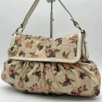 Bolso de Hombro Fendi Floral Chef - Cuero Zucca y Lona, Auténtico BEIGE y Rosa Foto 1 de 4