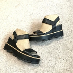 Sorel Joanie IV Y Strap Platform Wedge Women's Sandals Black/Sea Salt Size 7 - Picture 1 of 7