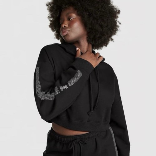 UNDERCOVER Victoria’s Secret ROSA Bling Everyday Fleece Cropped Felpa con Cappuccio Nera Donna XXL