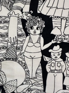 Vtg Dolls Collage Fabric Black on White Kitschy Retro Rare READ 2 Yds x 48" - Picture 1 of 12