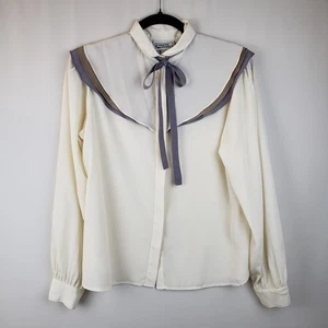 Vintage 90er Bluse M elfenbein Lagenlook grau braun Rüschen Fliege ätherisch romantisch  - Bild 1 von 10