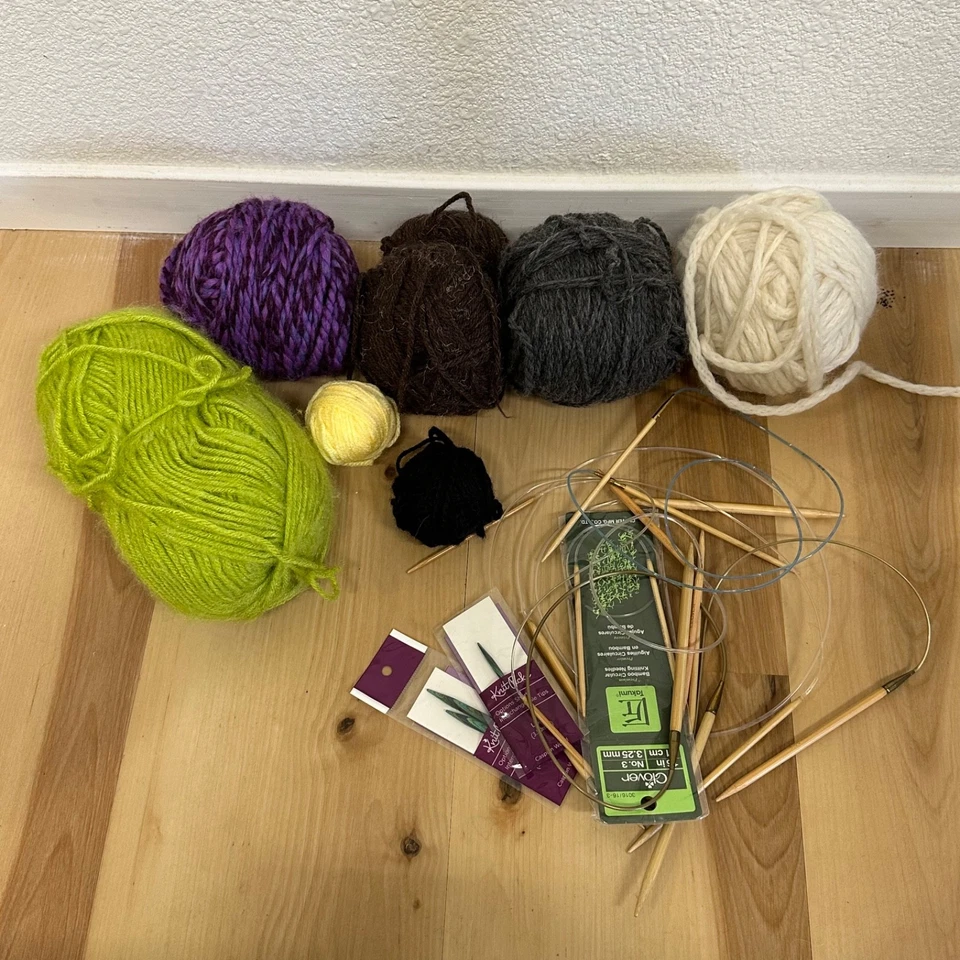 Alpaca Wool Cotton Acrylic Mixed Yards Ball Lot With Knitting Needles  - Image 1 of 4