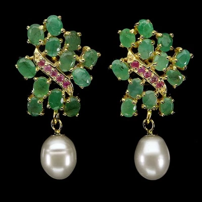 Black Friday Sterling Silver Earrings Oval Emerald 4x3mm Ruby Pearl Gem Jewelry - Image 1 of 4