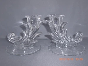 2 Vintage Fostoria Glass Baroque Pattern Single Lite Candleholders - Picture 1 of 1