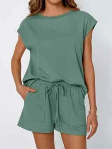 Women's Round Neck Cap Sleeve Top and Shorts Set - 4 Colors - S-XL - Picture 1 of 24