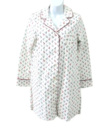 Nautica Anchor Print Long Sleeve Button Down Sleep Dress Shirt Ivory Size S - Image 1 of 4