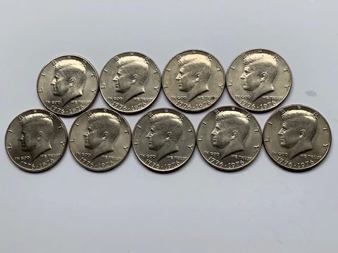Nine (1776-1976) Bicentennial Kennedy Half Dollars - Eight Plain, One D Cover