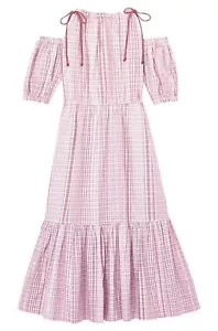 LA VIE REBECCA TAYLOR Pink Lurex Metallic Plaid Cold Shoulder Midi Maxi Dress S - Picture 1 of 12