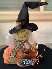 CUTE PRIMITIVE HANDMADE HALLOWEEN WITCH W/ WOOD ANTIQUES SIGN FALL DECORATION 