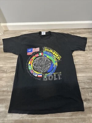 Camiseta De Colección Años 90 Lightning Bolt Fútbol Clase Mundial Talla L Negra Desteñida SS EE. UU. Foto 1 de 4