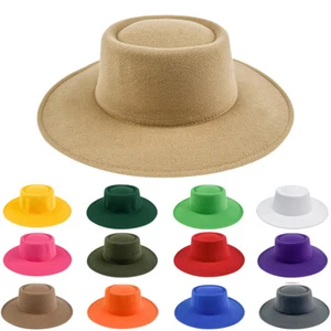 Eleganter flacher Filzhut Herren Damen große breite Krempe Panama Kirche Derby Zylinderhut - Bild 1 von 25