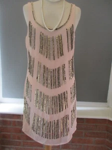 MAYA DELUXE Embellish Sequin 1920s Vibe Deco Nude Pink Party Dress UK 12 BNWT - Picture 1 of 8