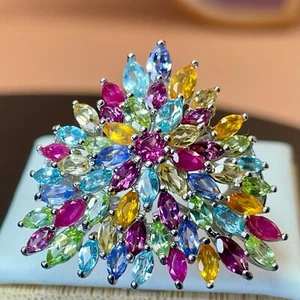 5.15ctw AAA Multi Gem Sterling Silver Floral Spray Ring Size 6 Apatite Tanzanite - Foto 1 di 6