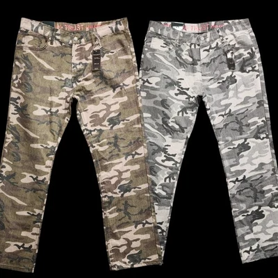 Lot of 2 TRUST Jeans Men 36x32 (Fits 35x32) Relaxed Straight Olive Gray Camo NEW - Image 1 of 4