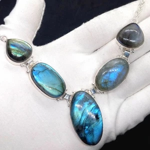 Natural Labradorite Gemstone 925 Sterling Silver Jewelry Necklace Size-17-18" - Picture 1 of 6