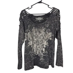 Edgy Womens Long Sleeve Grunge Rhinestone Details Crochet Lace Open Shoulder Y2K - Picture 1 of 6