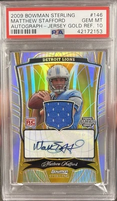 2009 Bowman Sterling Matthew Stafford Gold Rookie Patch AUTO /10 PSA 10 GEM POP1 - Image 1 of 2