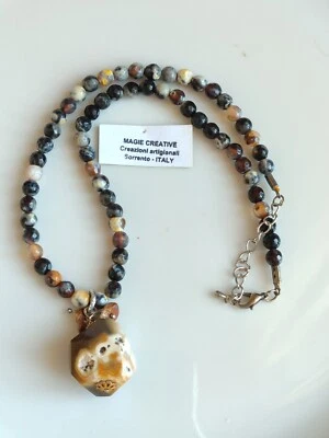 Girocollo In Pietre  Agata Maculate Con Ciondolo In Pietra, Misura 46 Cm. - Immagine 1 di 3