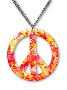 Orange Red Hippie Tie Dye Peace Sign Enamel on Pewter Pendant Necklace (Large) - Picture 1 of 7