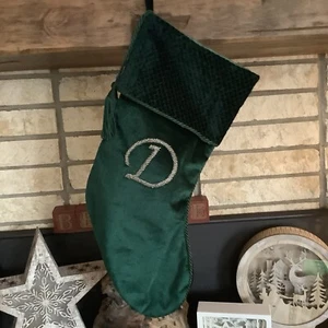 VINTAGE ZIELSCHEIBE GRÜN SAMT MONOGRAMM Silber Perlen D WEIHNACHTSSTRUMPF QUASTEN - Bild 1 von 2