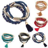 AM_ 4Pcs Ethnic Multilayer Beaded Tassel Elastic Charm Bangles Bracelets Preciou