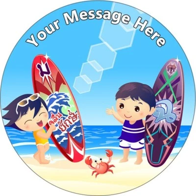 Cartoon Surfing Personalised Cake Toppers Edible Icing Wafer Decor Wave Beach - Image 1 of 4