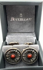 Buccellati Italian Pair of Sterling Silver & Jasper Floral Cufflinks - Picture 1 of 5