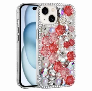 iPhone 14 Luxury 3D Diamond Gem Pearl Rhinestone Case Pink Color - Picture 1 of 7