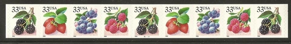 US Scott 3302-3305 33c Berries PNC strip of 9, plate # B2222 - Image 1 of 1