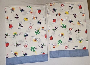 Vintage Fabric Fish Boats Ship Anchor Juvenile Novelty Pillowcase Chambray Trim - Picture 1 of 10
