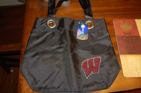 Wisconsin Badgers Black Sheen Tote Purse Bag College Cover