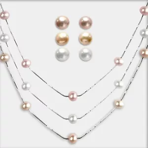 925 Sterling Silver Natural Pearl Necklace Earrings Set Womens Jewellery Gift UK - Picture 1 of 26