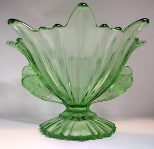 STS Abel Art Deco Yugoslavian Bird Handled Green Glass Bowl