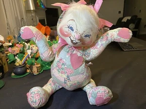 1999 Vintage Annalee Patchwork Bunny Rabbit 18” Pink Heart & Ribbons - Picture 1 of 6