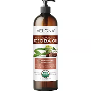 Velona USDA Certified Organic Jojoba Oil - 8 Fl Oz Golden Unrefined Cold Pressed - Picture 1 of 8