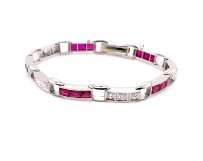 复古艺术装饰粉色红宝石和实验室制作白色 1.26 克拉钻石网球手链 — 第 1/4 张图片