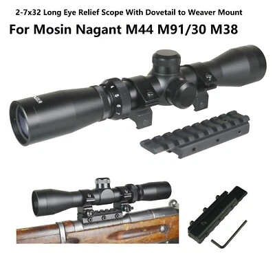 Black Mosin Nagant 2-7x32 Long Eye Relief Scout Scope W Mount f M44 M91/30 & M38 - Image 1 of 4