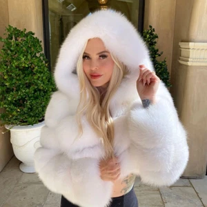Women Genuine Fox Fur Coat Natural Silver Fox Fur Hooded Short Overcoat Jackets - Picture 1 of 43
