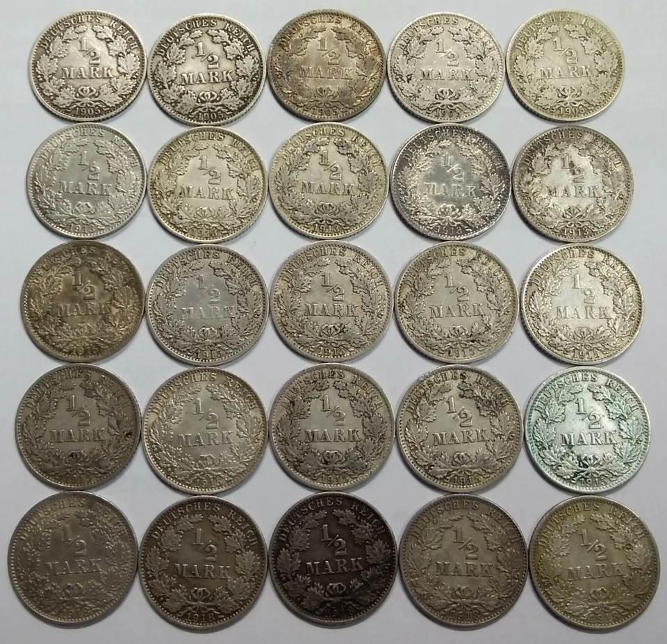Kaiserreich 1/2 Mark 1905-1919, Jäger 16, 2,78g 900er Silber, AUSWAHL (S2-2 - Bild 1 von 1