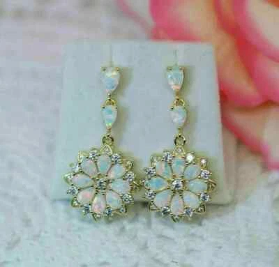 Pendientes colgantes/gotas de diamantes de ópalo de fuego talla pera de 3 quilates de oro amarillo de 14 k Foto 1 de 2