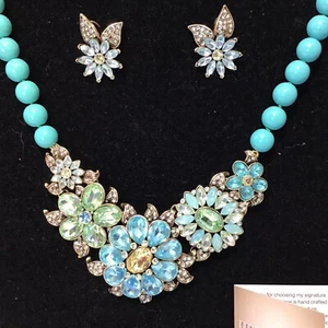 Necklace & Earring SET Heidi Daus Glorious Garden Crystal Floral AQUA BLUE NIB - Picture 1 of 8