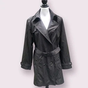 London Fog Short Trenchcoat Women’s Large Black Double Breasted Grommet Collar - Picture 1 of 13